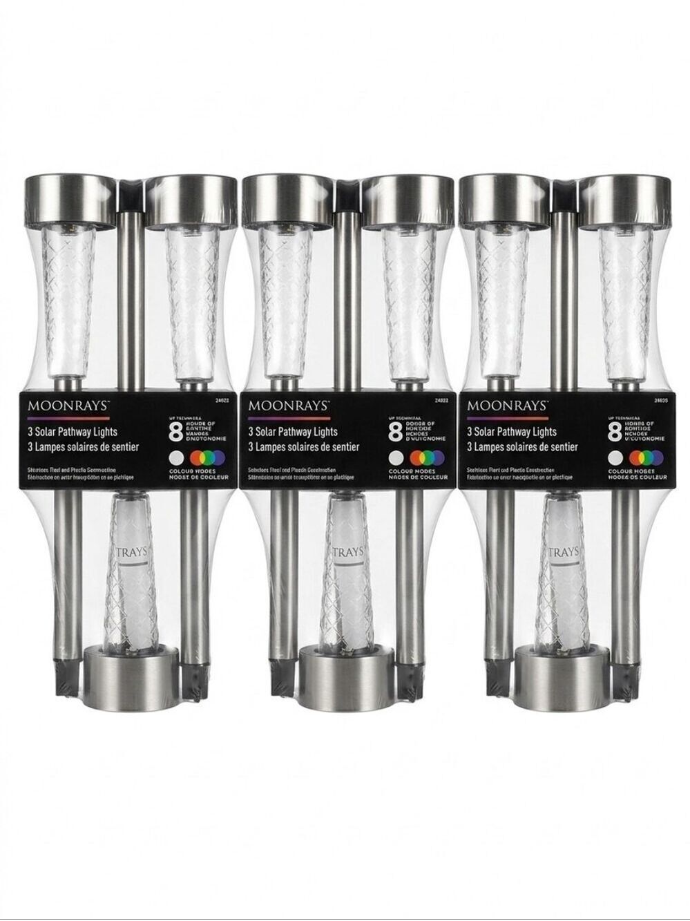 3 × 3-Pack Stainless Steel White/Colour Solar LED Stake Lights, 9 Stakes Total